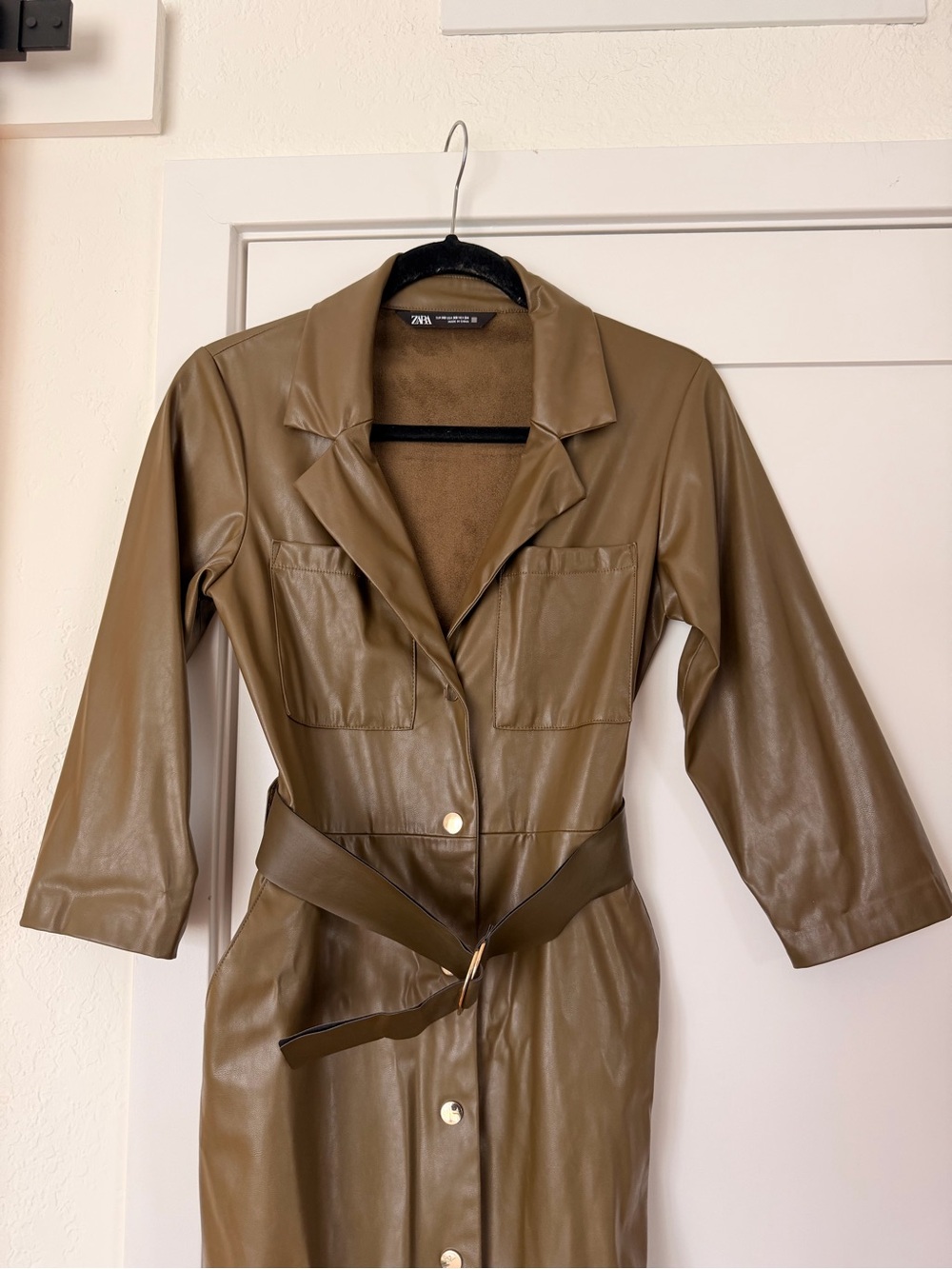 Zara Olive Faux Leather Belted Trench Coat